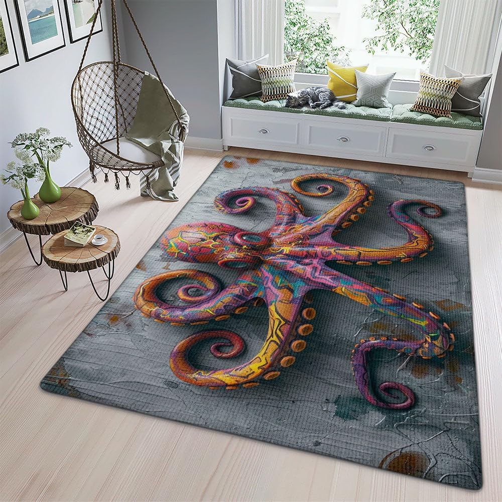 Sea Octopus Underwater World Watercolor Octopus Print Large Rug Modern Art Ocean Animals Decor Floor Mat Non-Slip Indoor Carpet