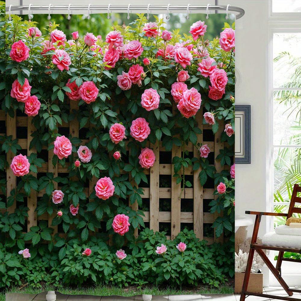 1pc Lush Garden Rose Print Shower Curtain, Relaxing Pink Floral Design with Green Foliage, Perfect for Any Bathroom Decor