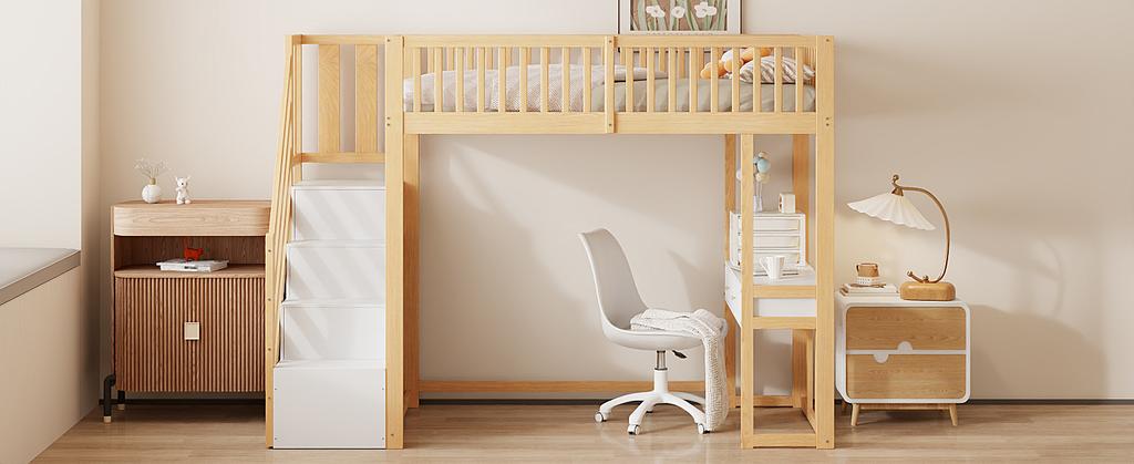 90x200 Loft Bed with Multifunctional Table, Safe Storage Staircase, Bed Frame Made of Solid Pine Wood for Children and Teenagers White