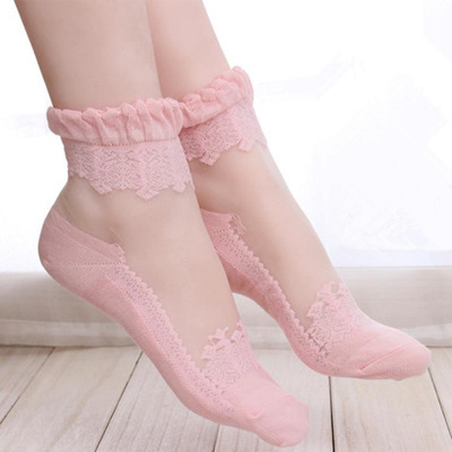 Mädchen Lolita Barock weiche Spitze transparente Kristallstrümpfe Glasstrümpfe kurze Socken Florsocken