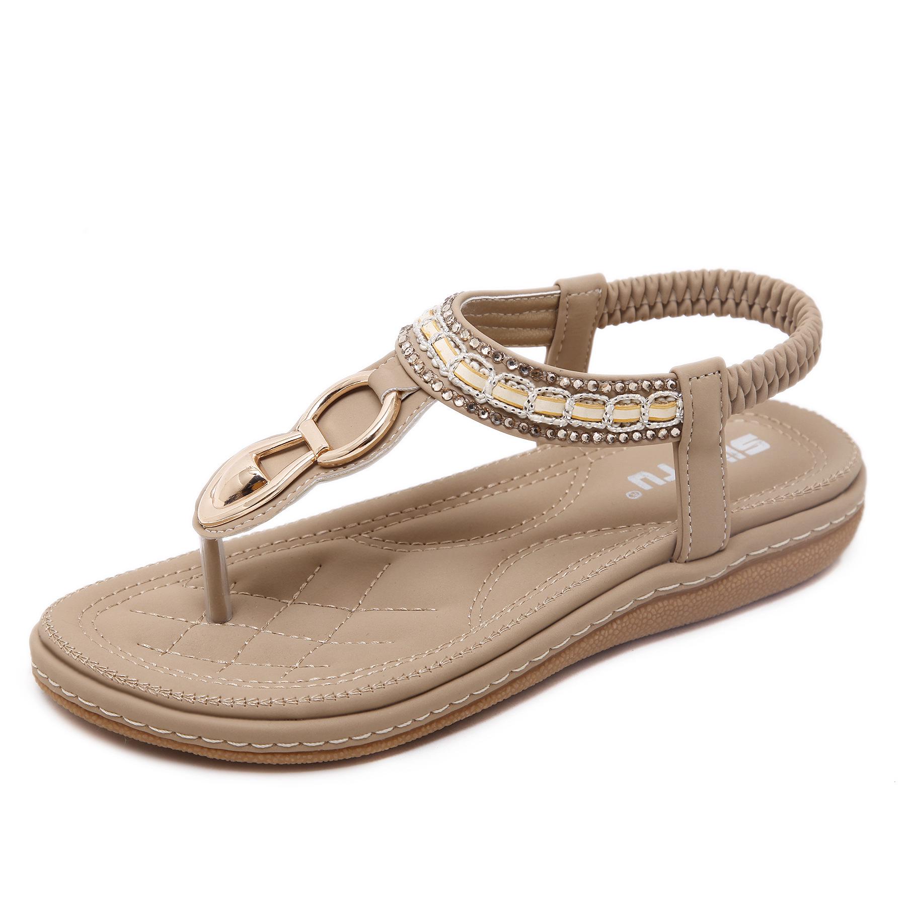 

Летние женские сандалии Beach Seaside Metal Rhinestone Flats Большие размеры женской обуви 36 миндальный