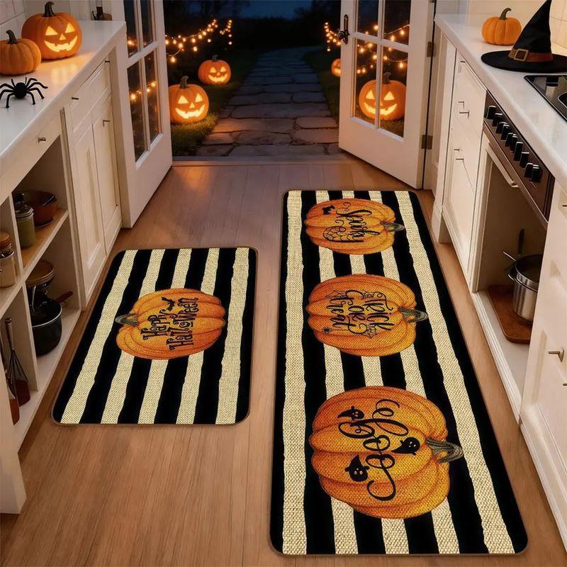 Halloween Kitchen Mat Set Black Gold Stripe Pumpkin Boo Runner Mat Entryway Holiday Home Decor Aesthetic Art Cute