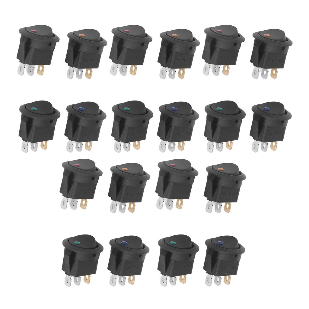 20Pcs 12V Round Rocker Switch LED Light 3 Pin 2 Level Toggle SPST Blue Green Yellow Red KCD1