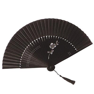 High-quality Silk-covered Fan, Black Bamboo Design (5847: Camellia)