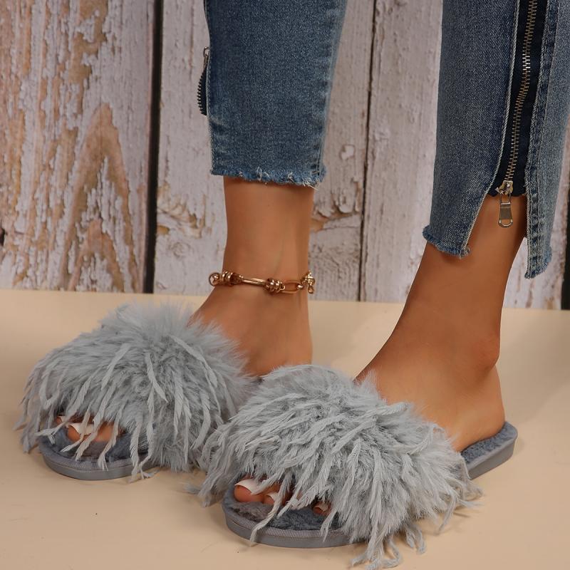 Thicken Warm Long Plush Strap Slides Women 2025 Winter Open Toe Flat Heel Indoor Slippers Soft Sole Faux Fur Slippers