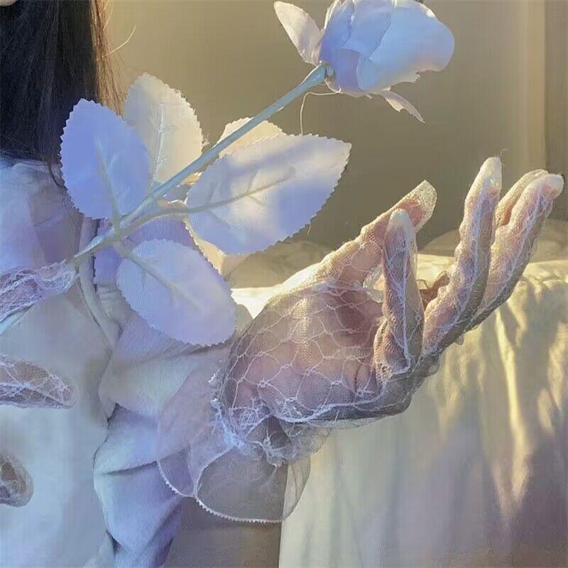 Vintage mesh bridal Lolita black lace gloves sexy photo props black silk sleeves