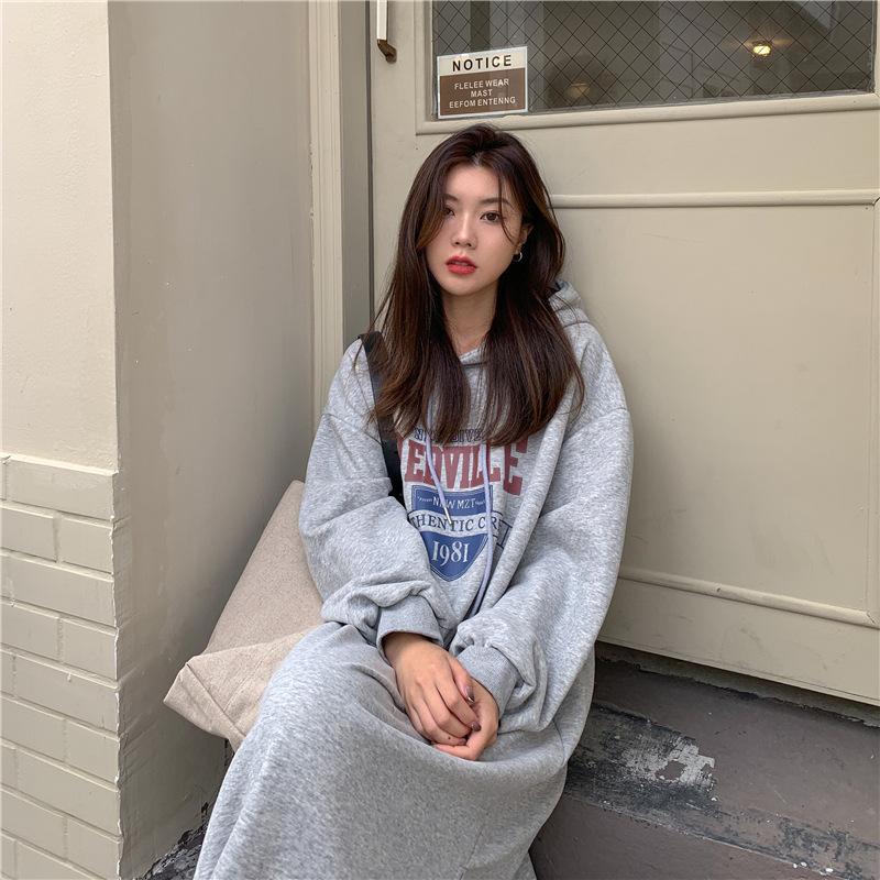Harajuku Wind Mid-length Sweater Female Ins Striped Long-sleeved Dresses Winter Loose Over The Knee Padded Fashion Retro Versatile Sweatshirt