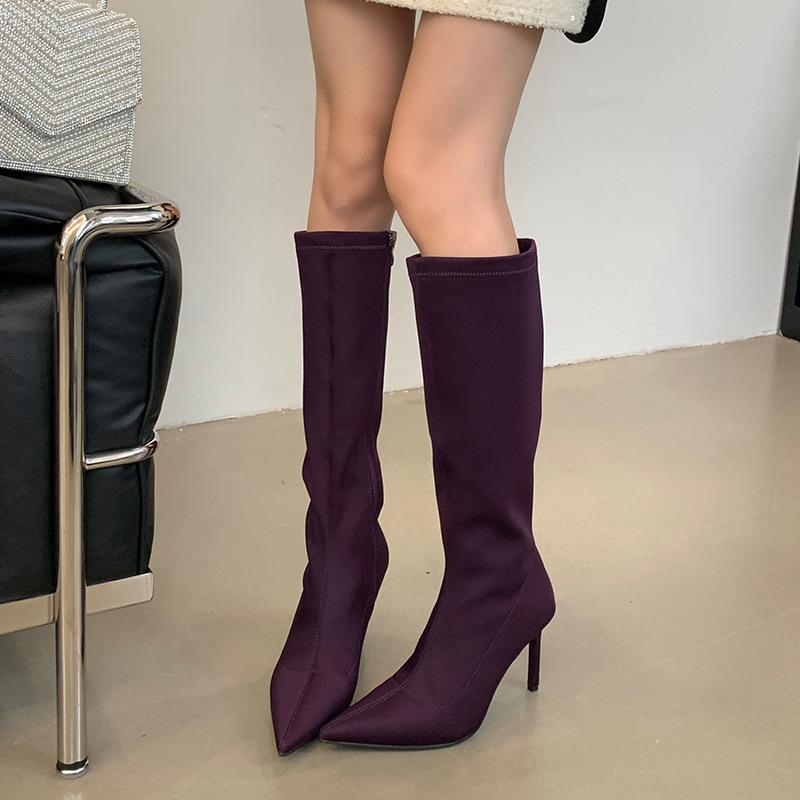 Long knight boots women 2025 black but knee small high boots fashion pointed high heel elastic boots