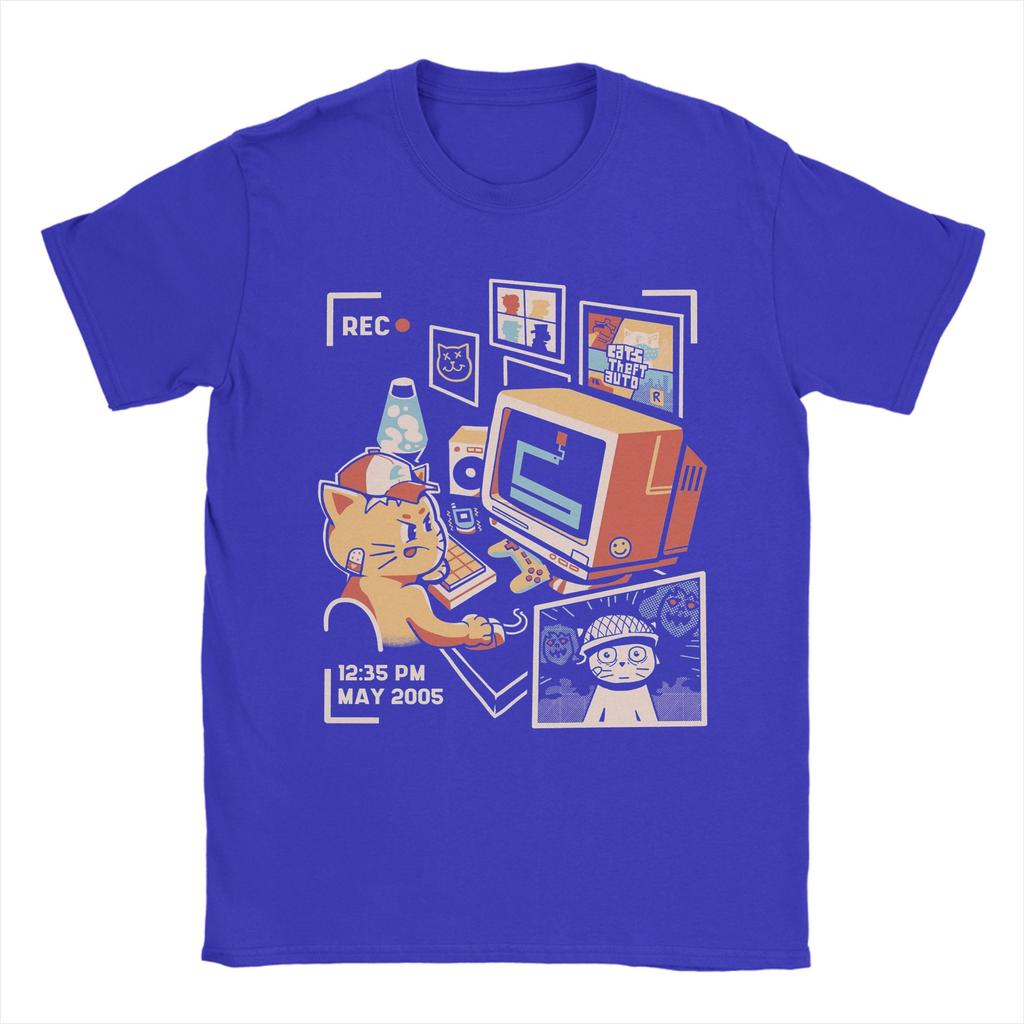 Cat Playing Computer Games T Shirt Men's 100% Cotton Funny T-Shirts Crew Neck Tees Short Sleeve Clothing Plus Size