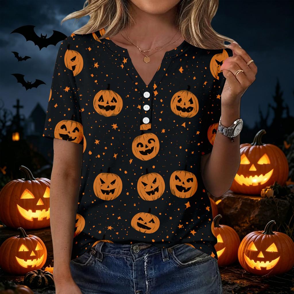 Womens Halloween Print V Neck Short Sleeve Button T Shirt Casual Fashion Top Lightweight Comfortable Fit