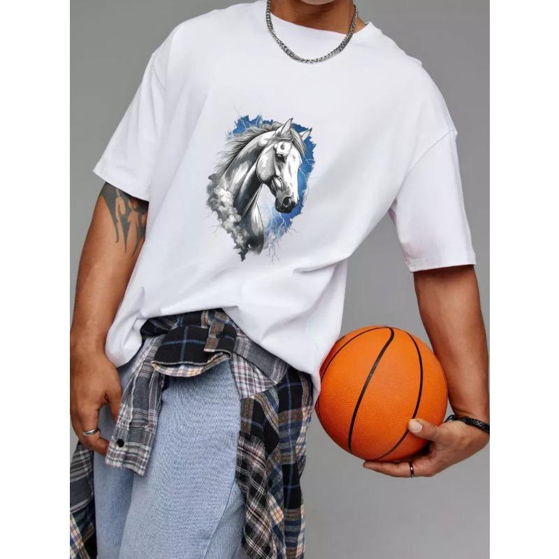 White T Shirt with Horse Head Print for Casual Wear