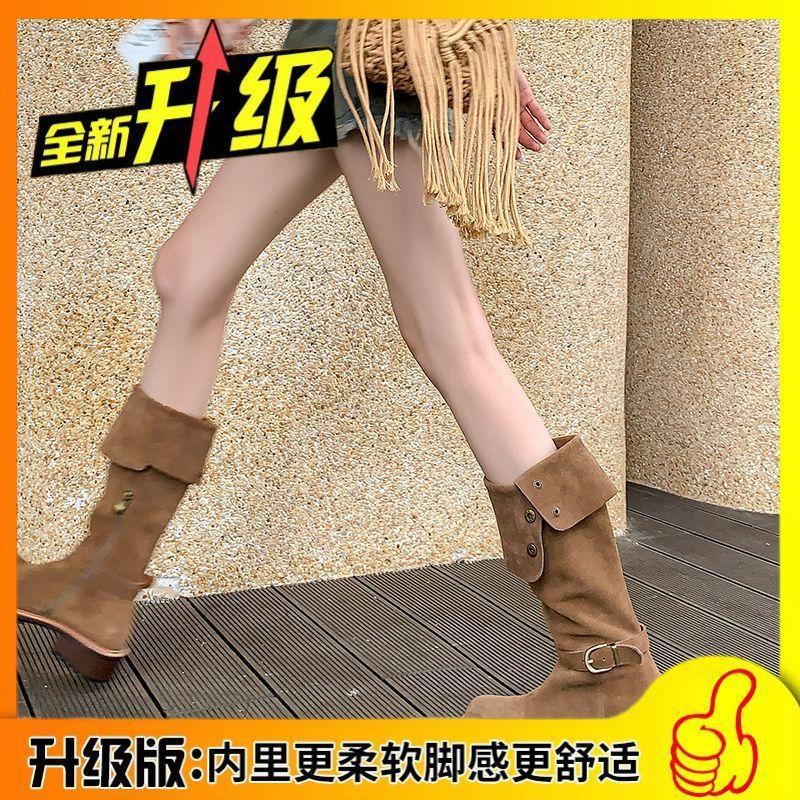 

Новые британские ретро ковбойские сапоги в западном стиле, рыцарские сапоги, высокие сапоги, женские сапоги, толстый каблук, осенне-зимние сапоги с отворотом 40