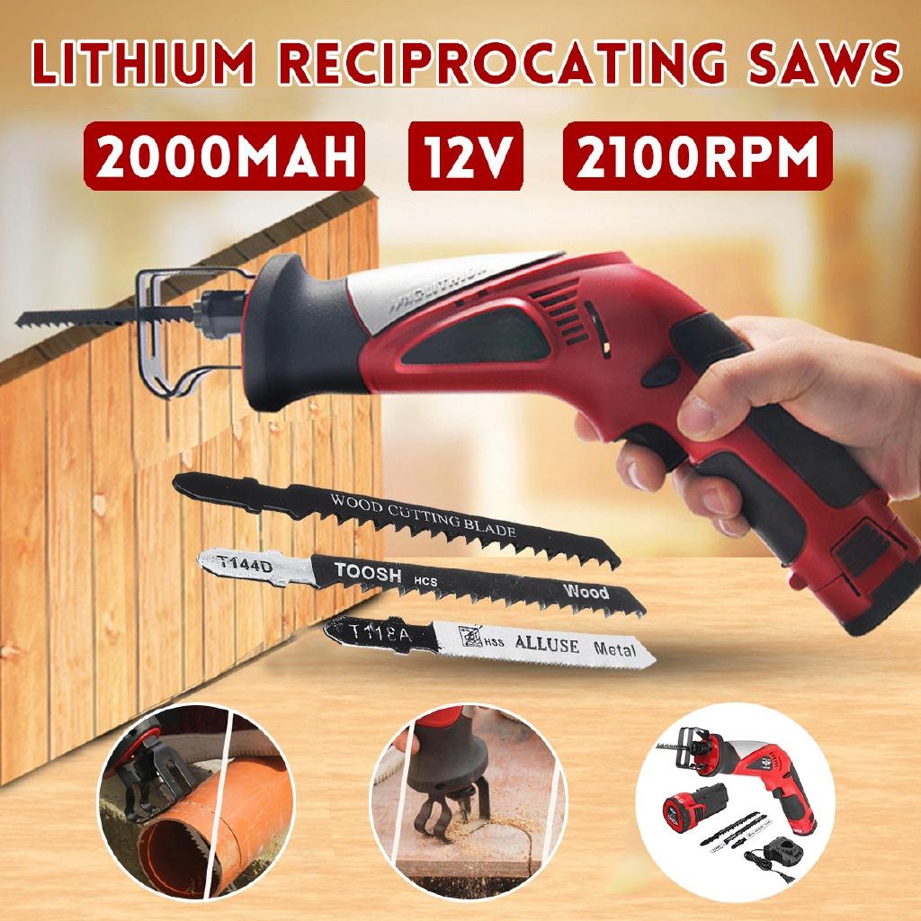 12V 2000mAh Cordless Electric Saw Lithium Reciprocating Saw for Wood Metal Cutting DIY Power Portable Jig Saws with Saw Blades