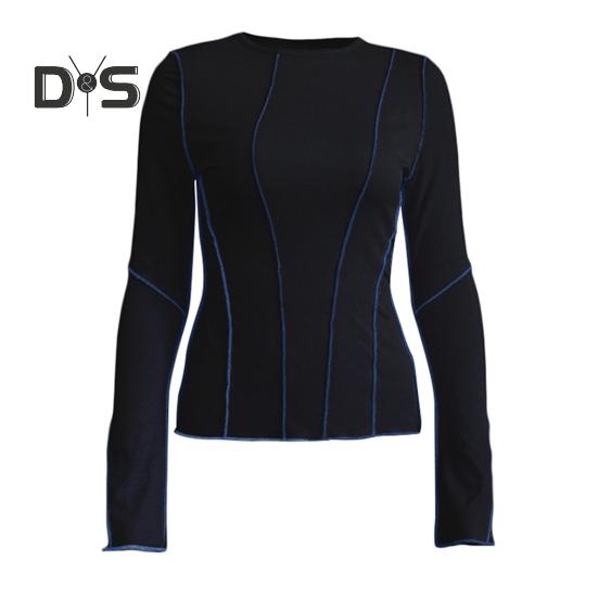 Women T-shirt Round Neck Long Flared Sleeve T-shirt Slim Fit Ribbed Three-Dimensional Line Decoration Pullover Tops Daily Wear