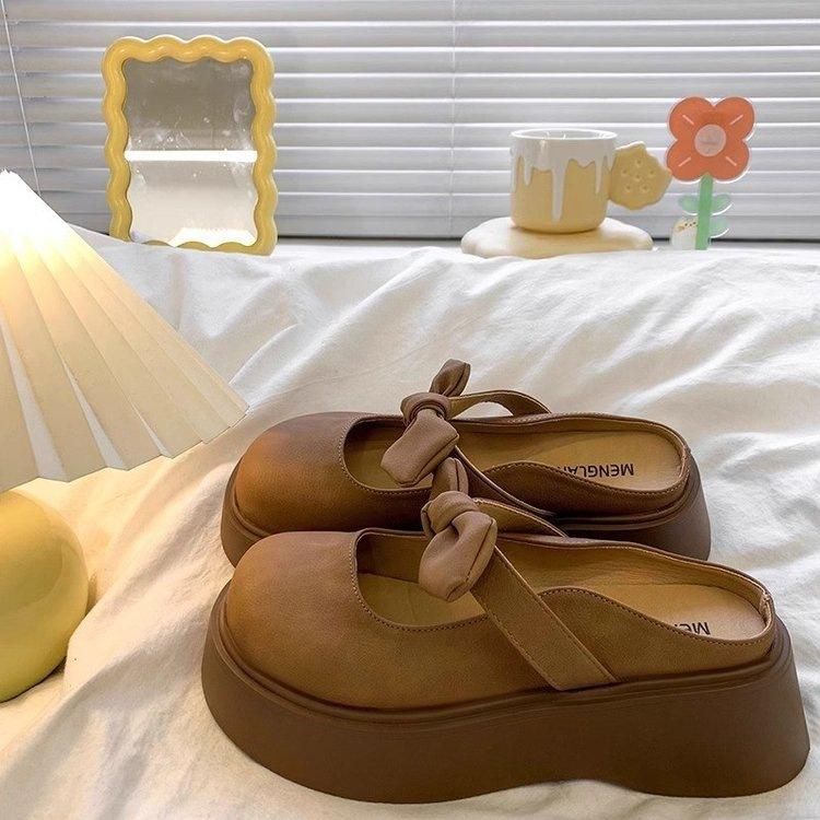 French bow bag head half slippers women's outer wear 2025 new spring thick bottom with skirt Mary Jane cool slippers