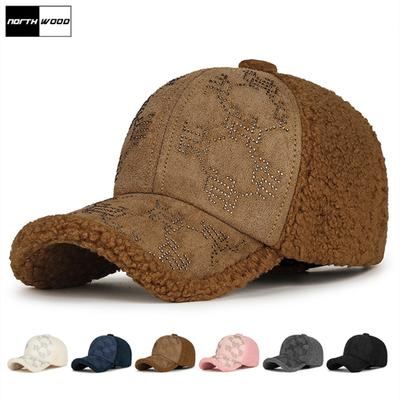 Berretto da baseball invernale in lana di agnello NORTWOOD con diamanti pressati a caldo, cappellini da baseball caldi e spessi per uomo e donna, cappelli da camionista invernali caldi