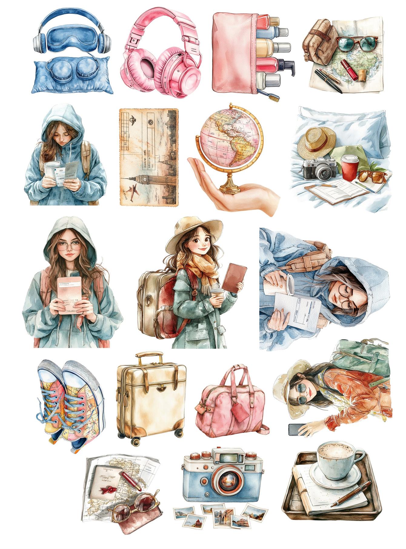 

18Pcs DIY Cute Watercolor traveling girl Stickers Hand-Drawn Paris Daily Life, Planner, Journal Decoration cute stationery белый