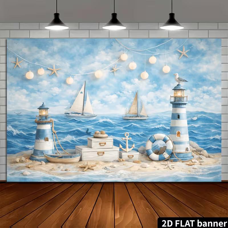 2D Printed Backdrop with Lighthouses, Sailboats, Starfish, and Beach Treasures