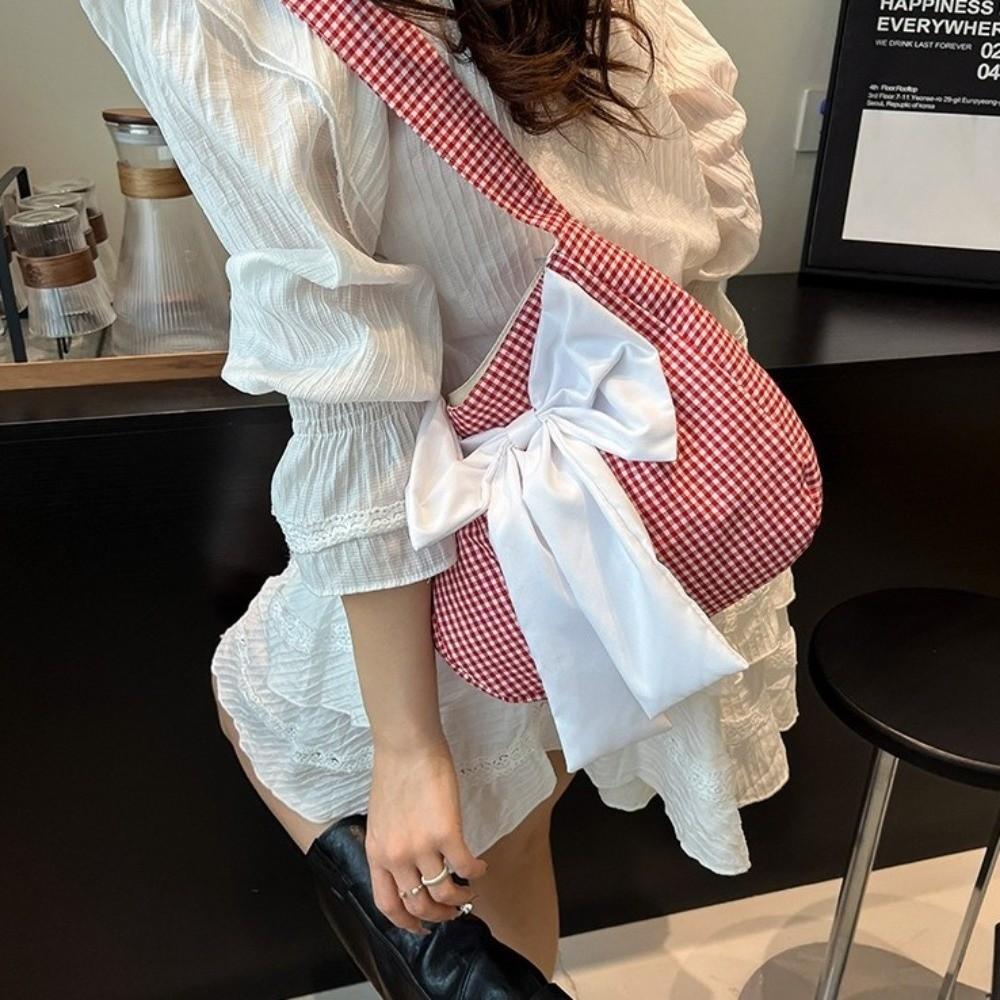 Lattice Bow Shoulder Bag Japanese Style Canvas Tote Bag Portable Plaid Shoulder Bag  Girl
