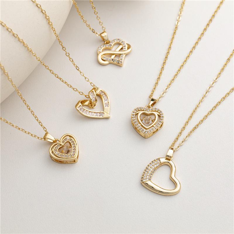 18k Gold Zircon Heart-Shaped Copper Necklace with Diamond Accents Clavicle Chain