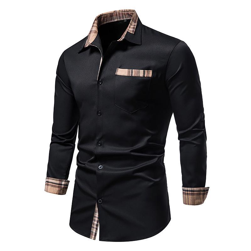 Men's Autumn Color Block Slim Fit Long Sleeve Checkered Collar Shirt