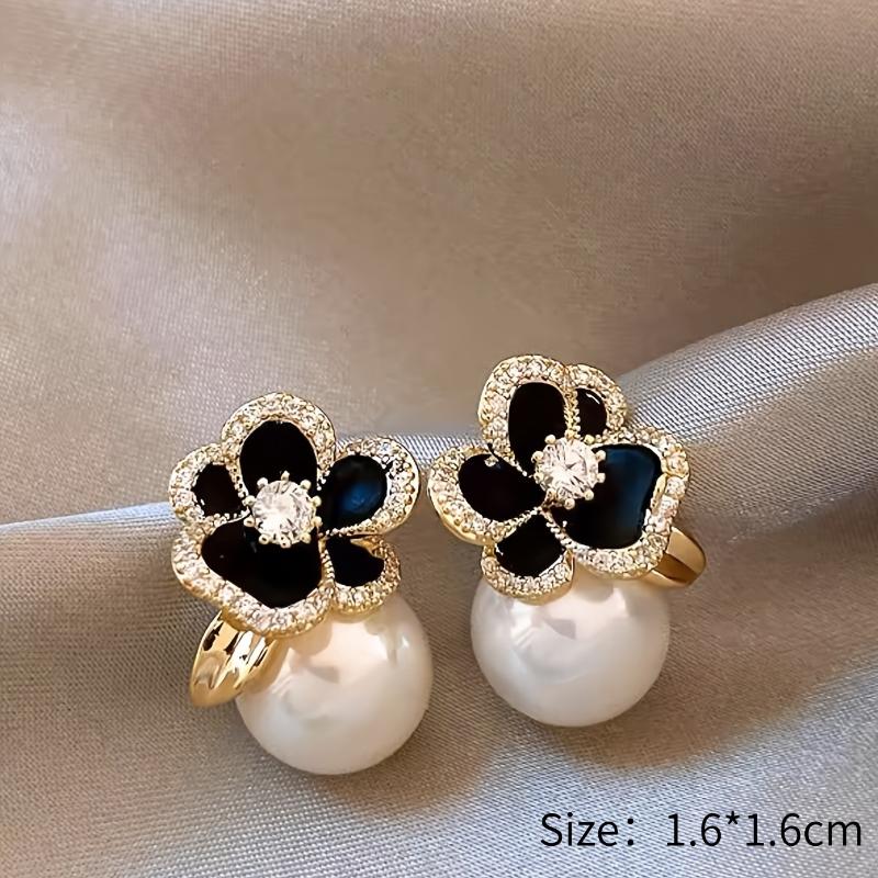 Temperament Elegant Black Camellia Pearl Stud Earrings For Women Girls Fashion Zircon Flowers Earrings Jewelry Accessories Gifts