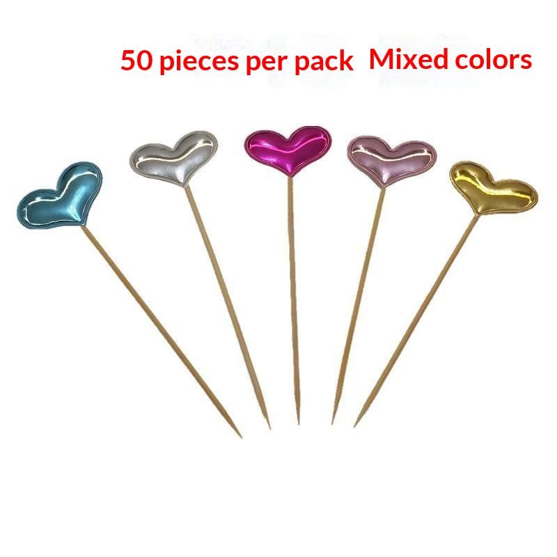 50Pcs Mini Heart Star Cupcake Topper Happy Birthday Cake Flag Decorating Baby Shower Birthday Party Cake Toppers Wedding Supply