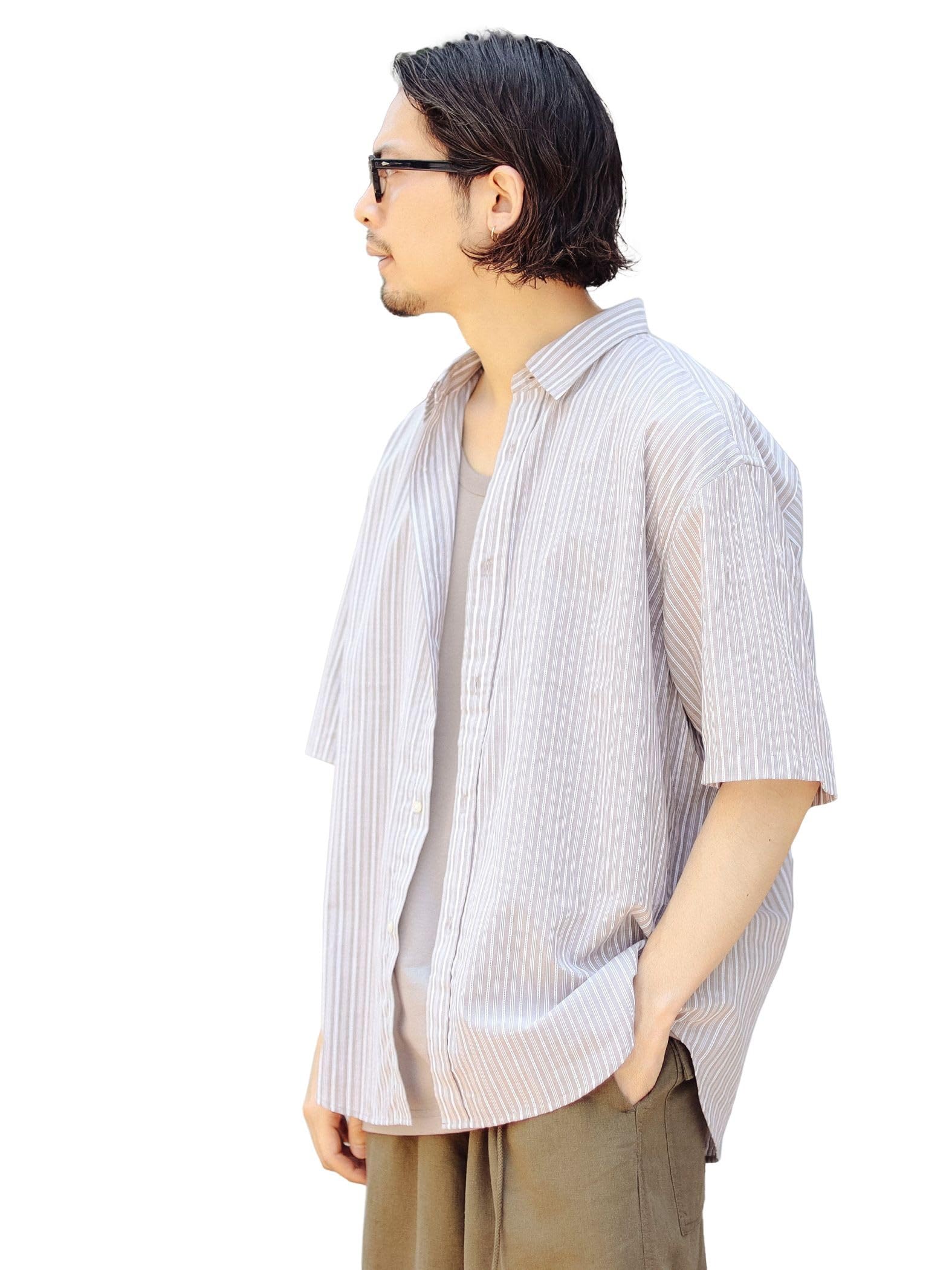 

Life Store by Shirt by BEAMS Sora Feather Striped Shirt Half Sleeve Shirt BEIGE [Beaming BEAMS] S/S BMING Men s M_92010186247