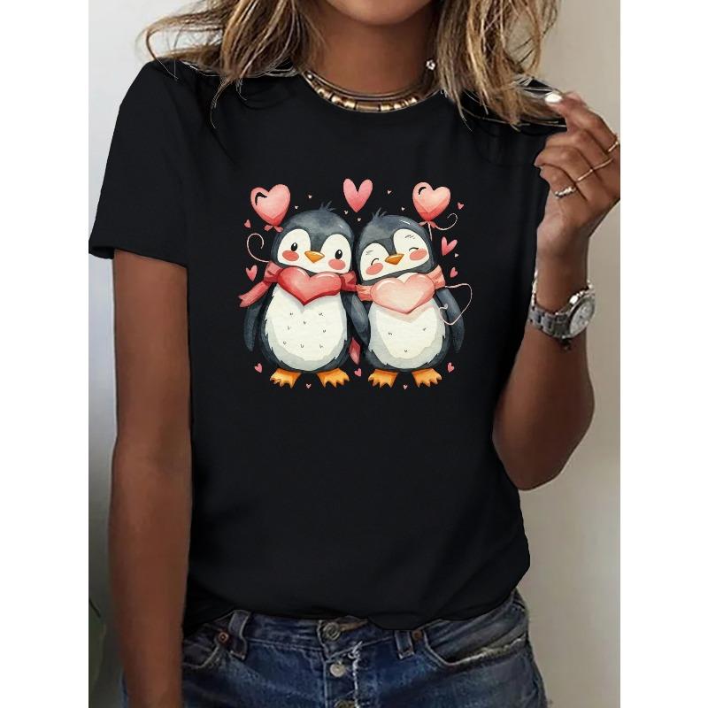 Penguin Couple & Heart Print Crew Neck T-Shirt, Casual Short Sleeve T-Shirt For Spring & Summer, Women's Clothing
