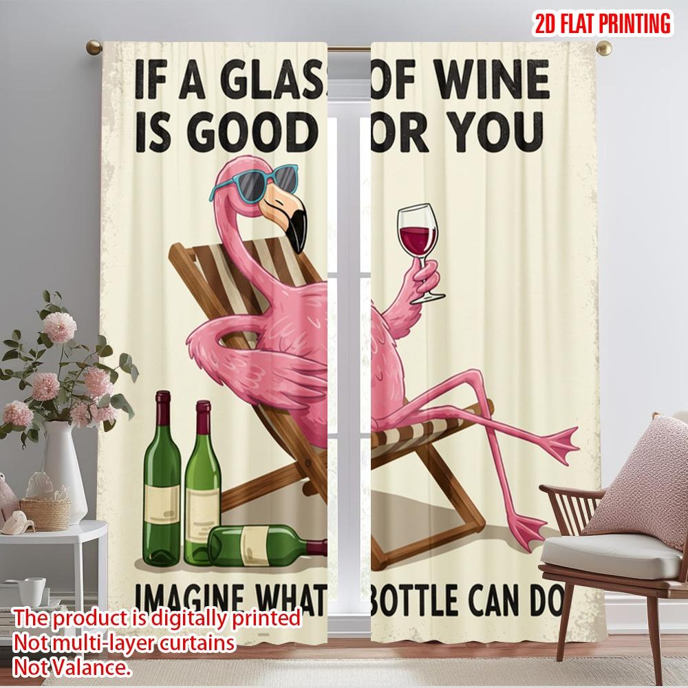 

2pcs 2D flat printing Window Curtains Flamingo Wine Lover Relaxing Polyester Without Electricity Holiday Decorations Use for 52.50×116.00 CM 2pcs