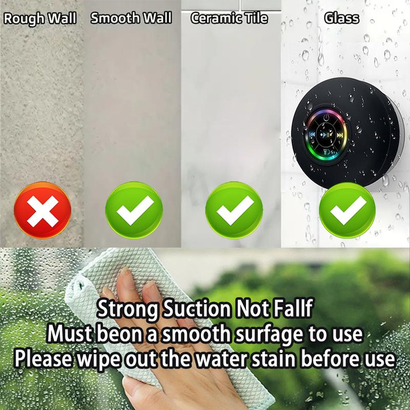 Portable Wireless Bluetooth Speaker LED Light IPX4 Waterproof Loudspeaker Outdoor Bathroom Large Suction Cup Stereo Sound Box