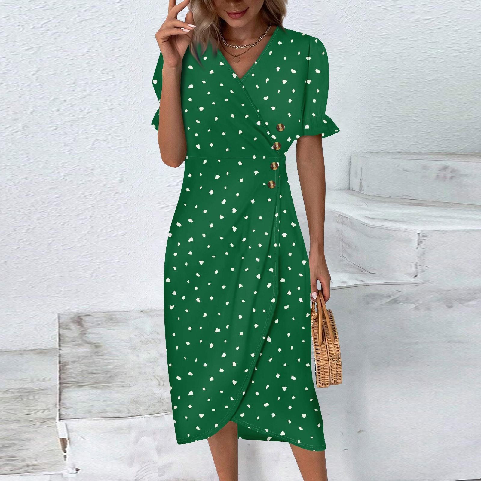 

Beach Dresses For Women Spring Summer Elegant Wrap V Neck Floral Boho Dress Flowy Ruched Hawaiian Maxi Dress XXXL зелений