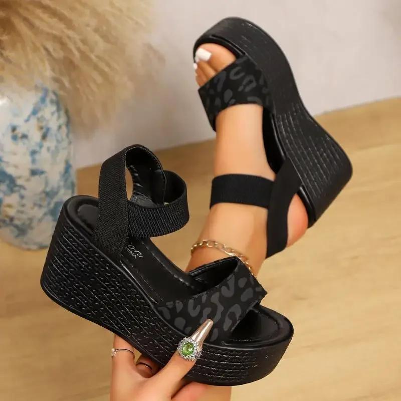 Women's Wedge High Heel Leopard Sandals Peep Toe Platform Sandals Ladies Thick Sole Summer Shoes Espadrilles