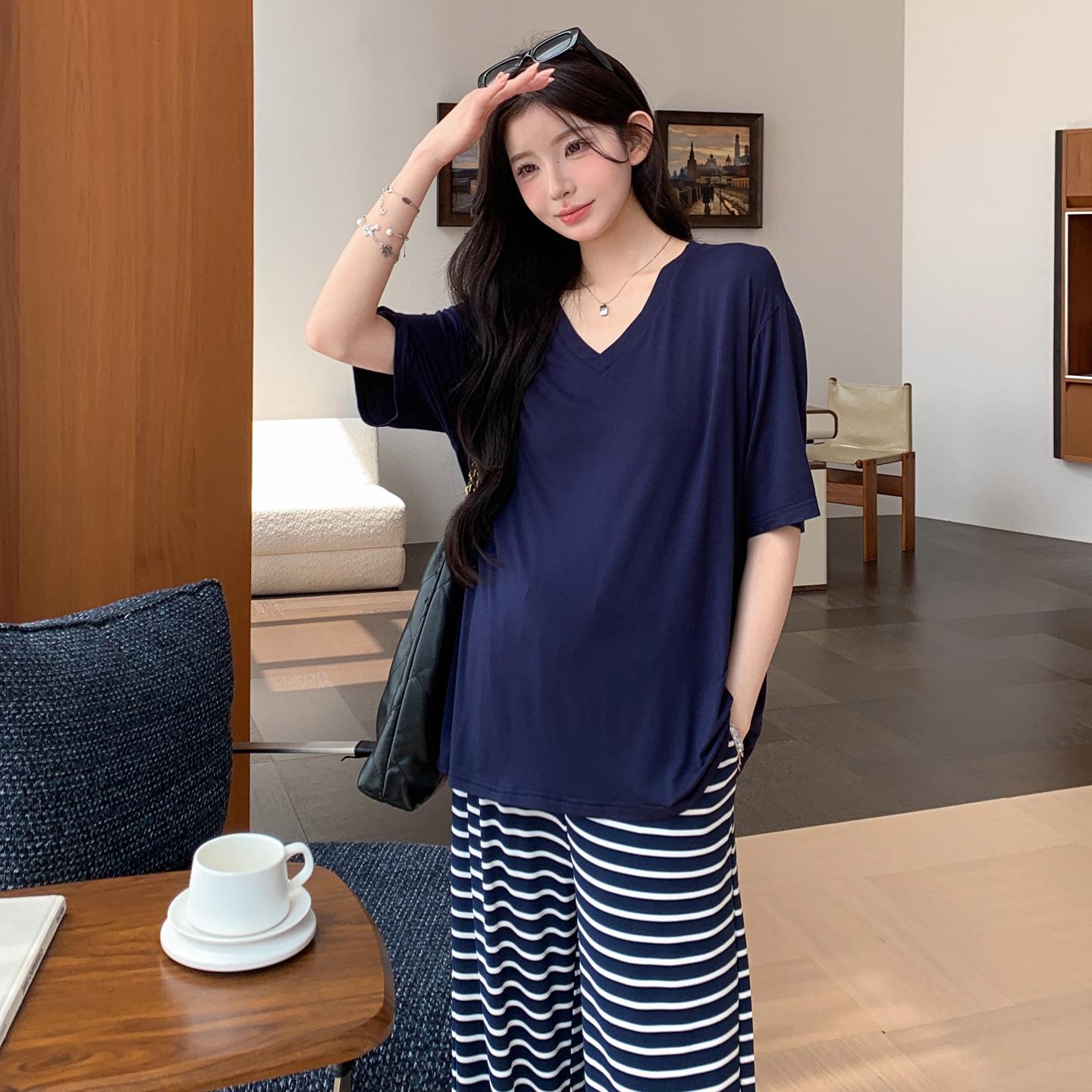 Summer 2026 Maternity V-Neck Top & Striped Wide-Leg Pants Set Medium