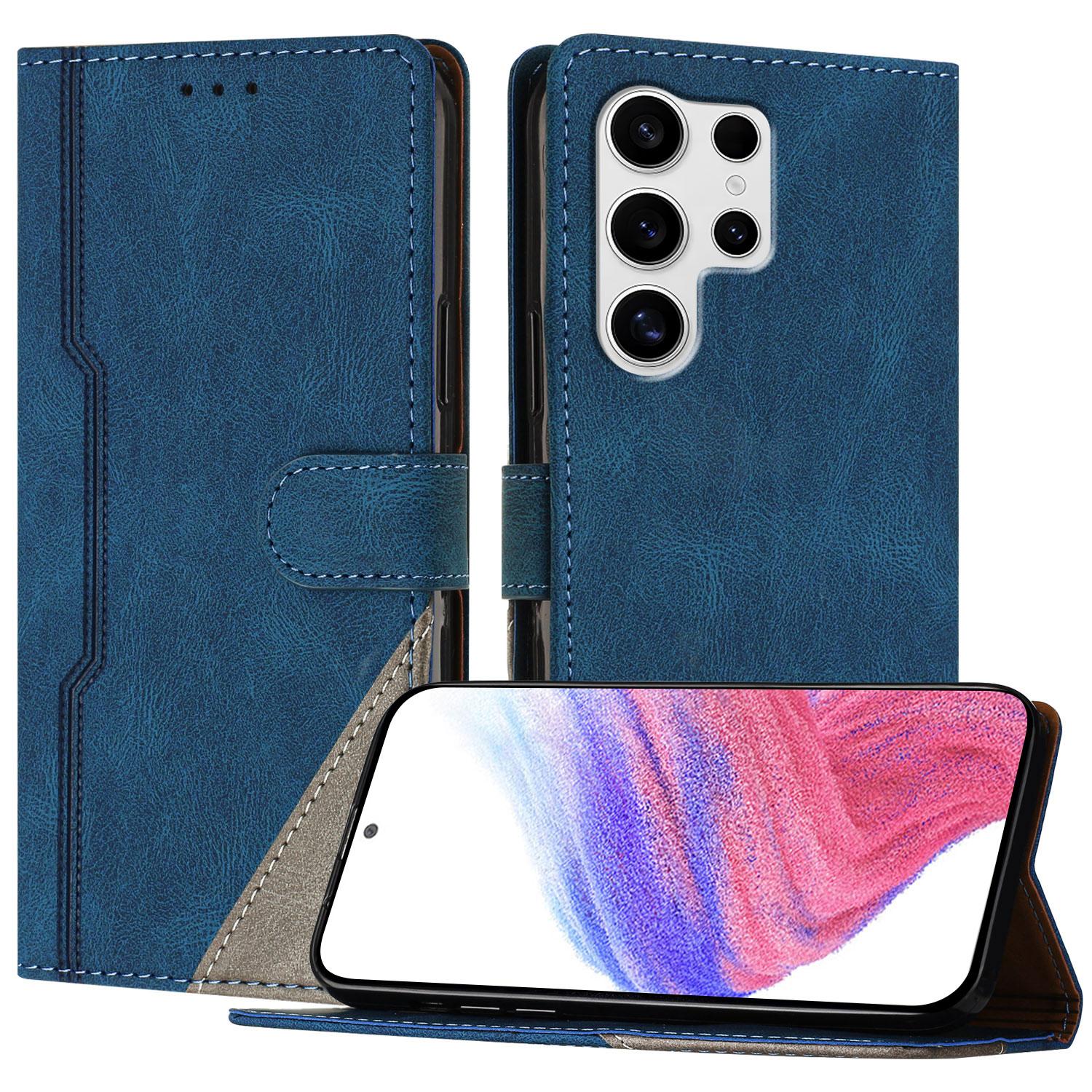 

For Samsung Galaxy S25 Ultra Leather Case Triangle Patchwork Wallet Stand Shockproof Phone Cover Blue