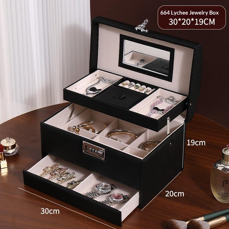 Minimalist High-end Jewelry Storage Box Pu Multi-layer Multi-function Large-capacity Jewelry Box with Mirror and Lock
