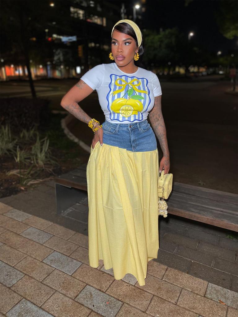 European & American Women's Sexy Fashion T-shirt and Denim Patchwork High-Waist Split Plaid Skirt Set