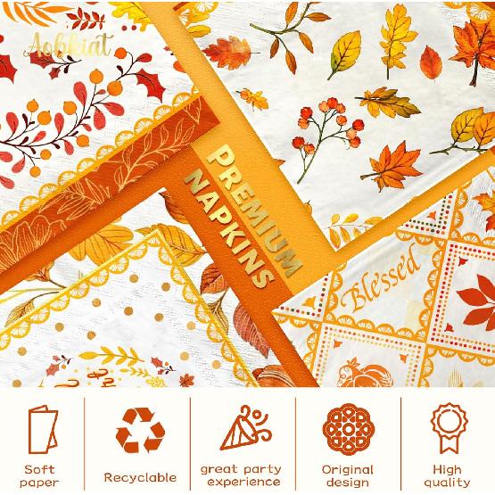 AOBKIAT Fall Thanksgiving Napk,24PCS Orange Pumpkin Maple Leaf Styles Guest Disposable Napk,for Autumn Harvest Holiday Dinner Party Supplies