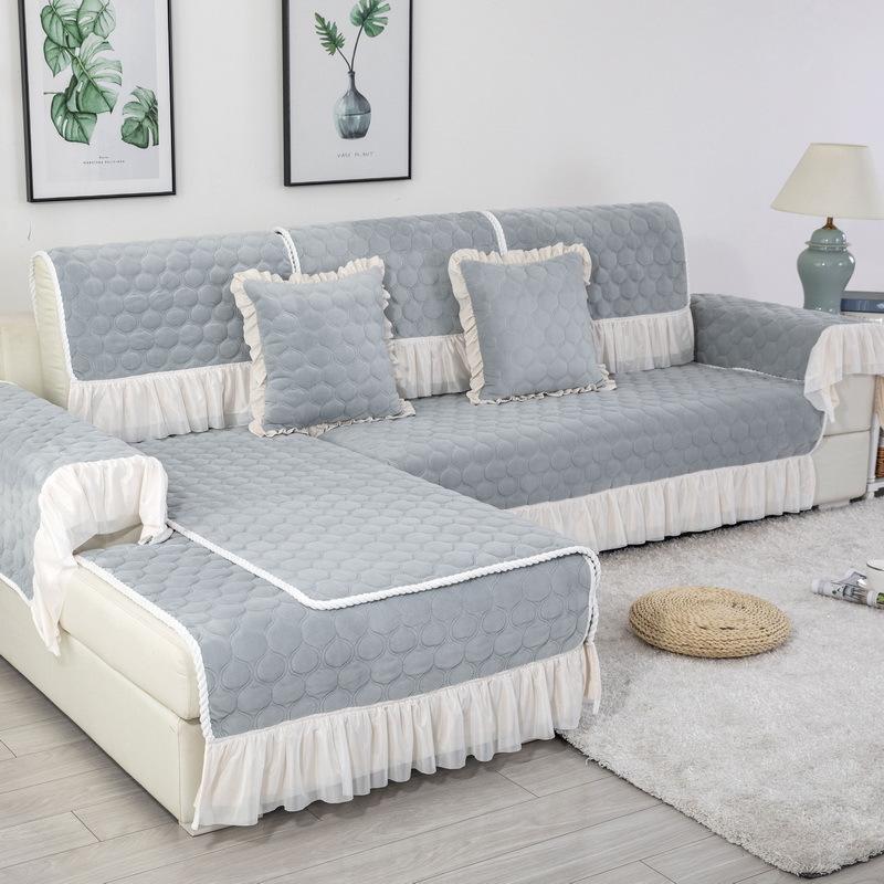 Winter Dark Green Solid Color Plush Lace Skirt Sofa Cushion Modern Simple Living Room Combination Sofa Cushion Cover