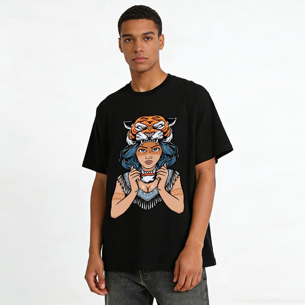Tribal Tiger Totem Girl Graphic Print Casual Top Pure Cotton T-shirt