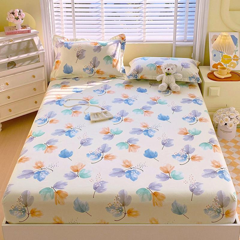 Leaf Printed Fitted Sheet with Elastic Band Skin-friendly and Breathable Single/Queen Bedsheet Soft Bedding (without pillowcase)