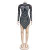 European & American Fashion Women's Solid Color Mesh Rhinestone Long Sleeve Mini Dress