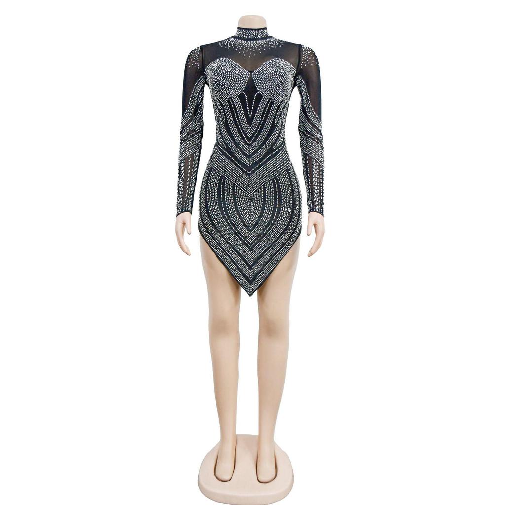 European & American Fashion Women's Solid Color Mesh Rhinestone Long Sleeve Mini Dress