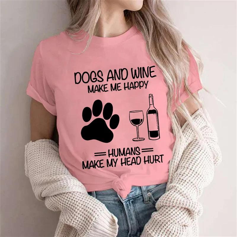 Unisex Dog Mom Print T Shirt Dog Mom Shirt Wine Lover Tshirt Dogs and Wine Shirt Graphic Girls Clothes Causal Female Y2K Tops Tee
