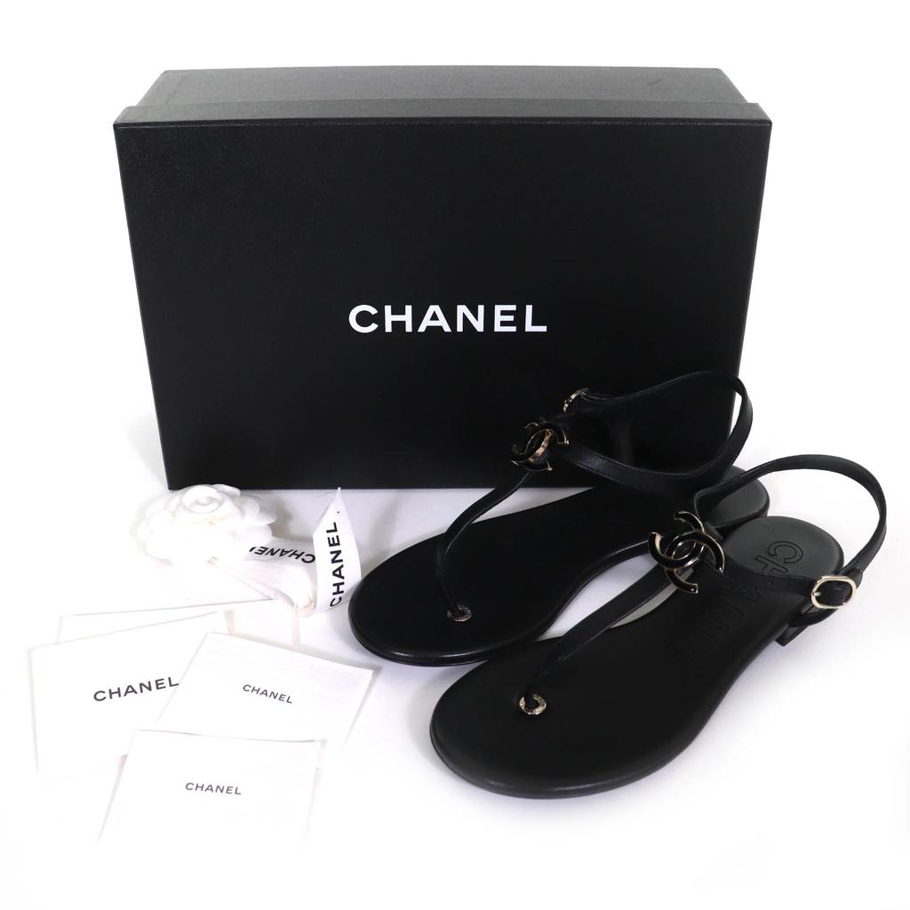 CHANEL Sandals COCO Mark ankle strap thong sandal flats black leather 24C G45428 Used