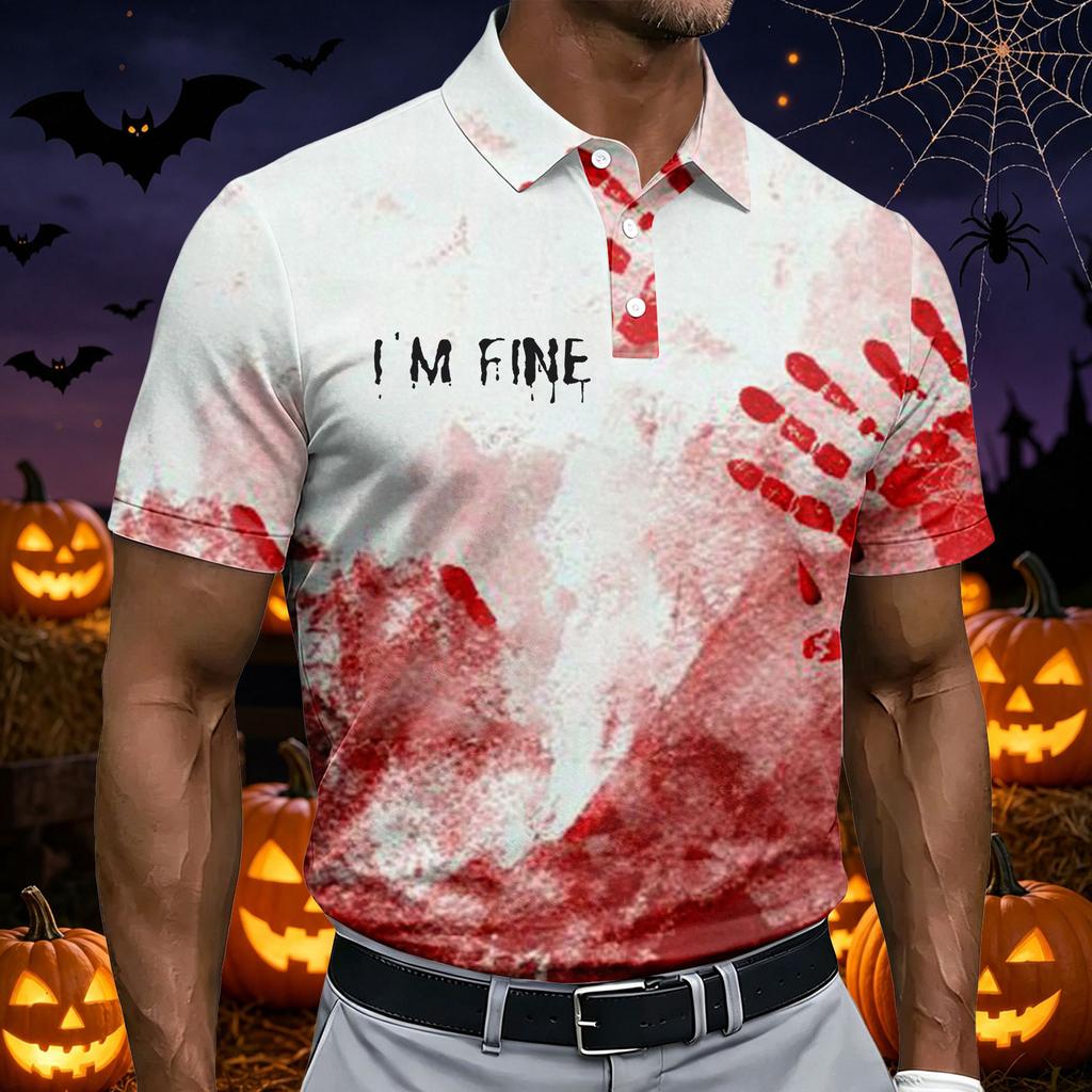 Men's Short Sleeve Casual Polo Shirt Halloween Print Breathable Lightweight Summer Shirt with Button Collar and Relaxed Fit