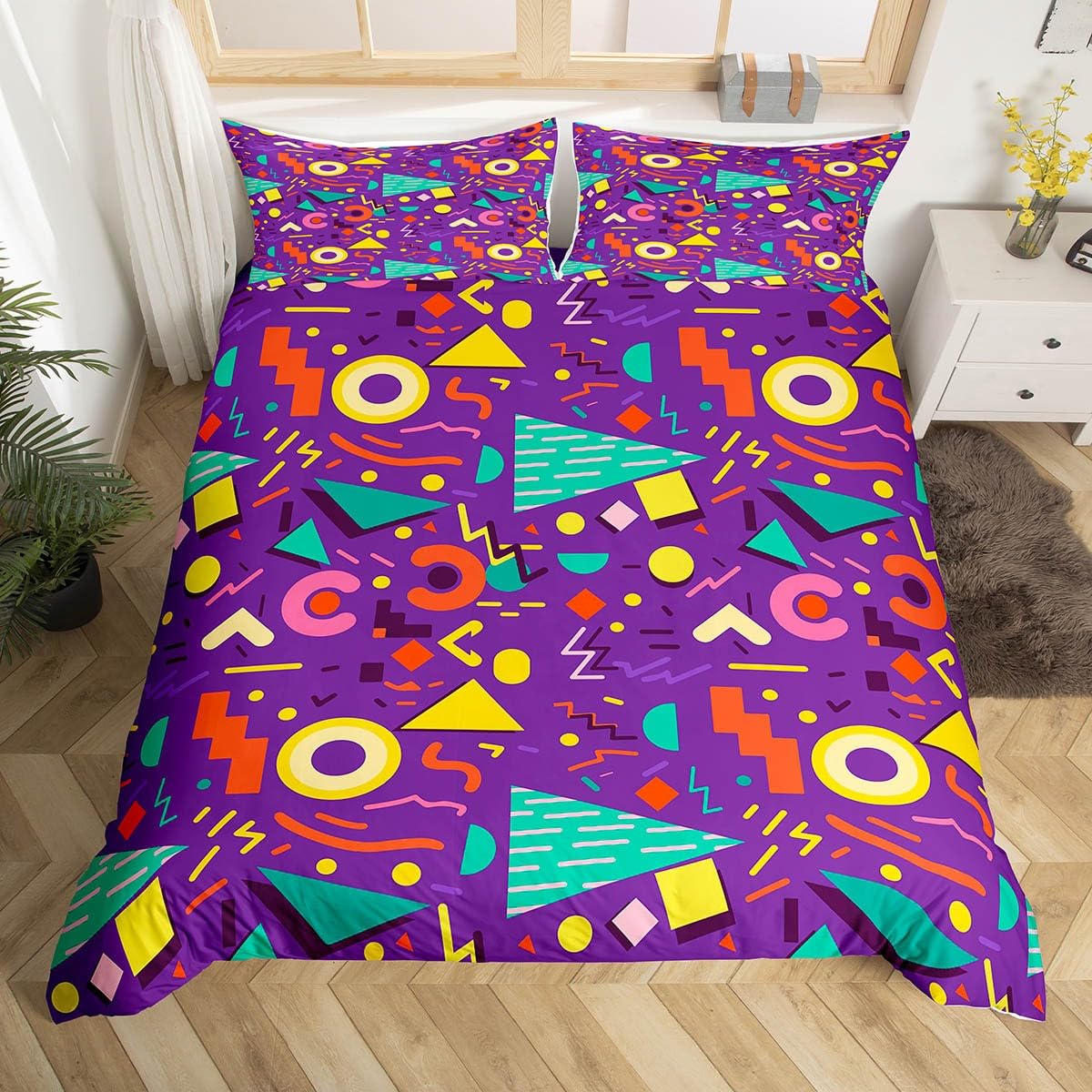 

Memphis Geometric Duvet Cover Twin KingRetro Style Round Triangle Shapes Quilt Cover Colorful Graphic 80s 90S Style Bedding Set EU Single(135*200cm)3pcs
