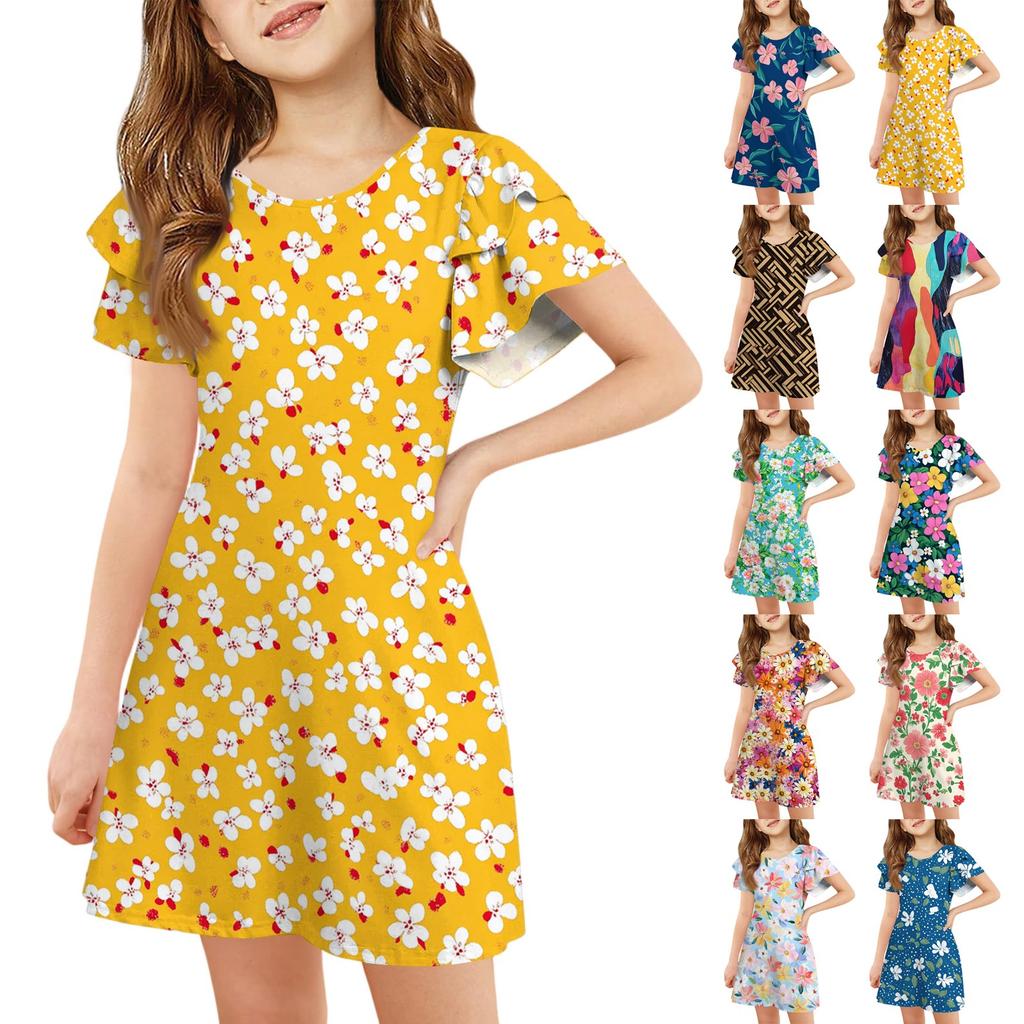 Girls' Ruffle Sleeve Dress - Round Neck Printed Sundress