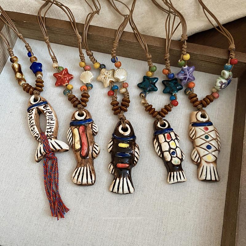 Ethnic Style Y-Shaped Ceramic Fish Necklace for Women Wooden Rope Handmade Bead Tassel Charm Bohemian Style Exquisite Accessory