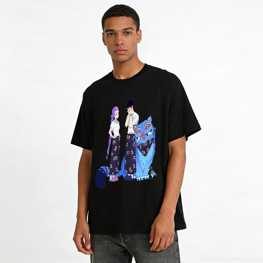 Funny Couple Style Home Print T-Shirts Loose Casual Tops With Blue Cat Purple Hair Girl Pattern Pure cotton T-shirt
